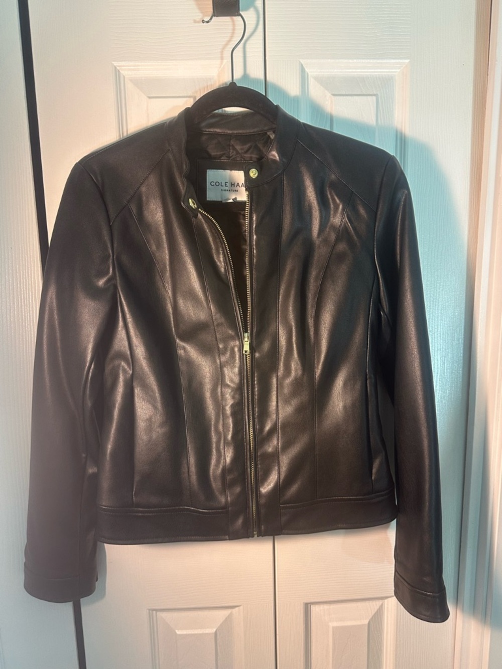 Cole Haan Black Leather Zip-Up Moto Jacket